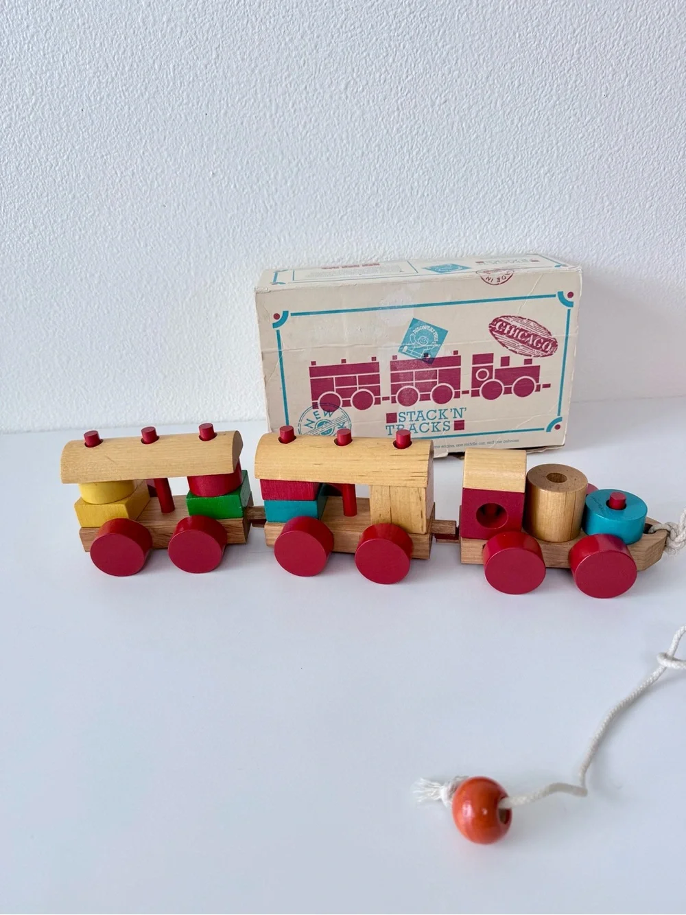 Vintage 1988 Discovery Toys Stack 'N' Tracks Wooden Train 15/17 Pcs w/ Box